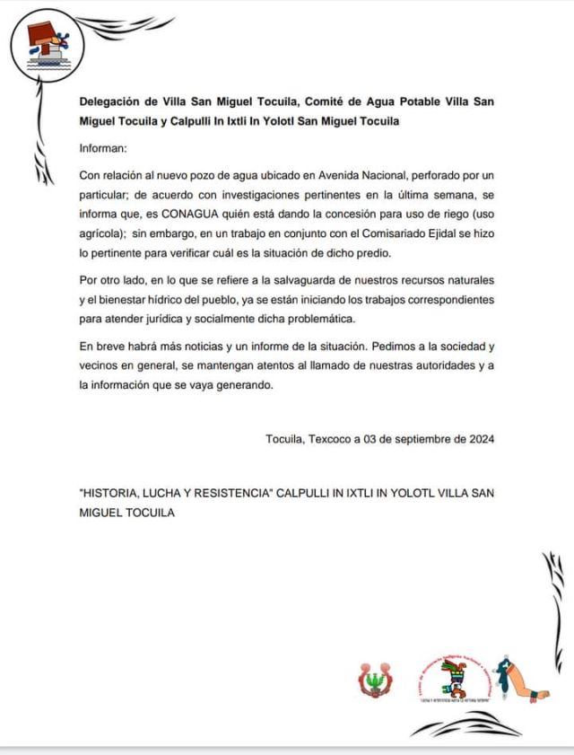 Autoridades ejidales, civiles y el  Calpulli In Ixtli In Yolotl San Miguel Tocuila emiten el siguiente comunicado 