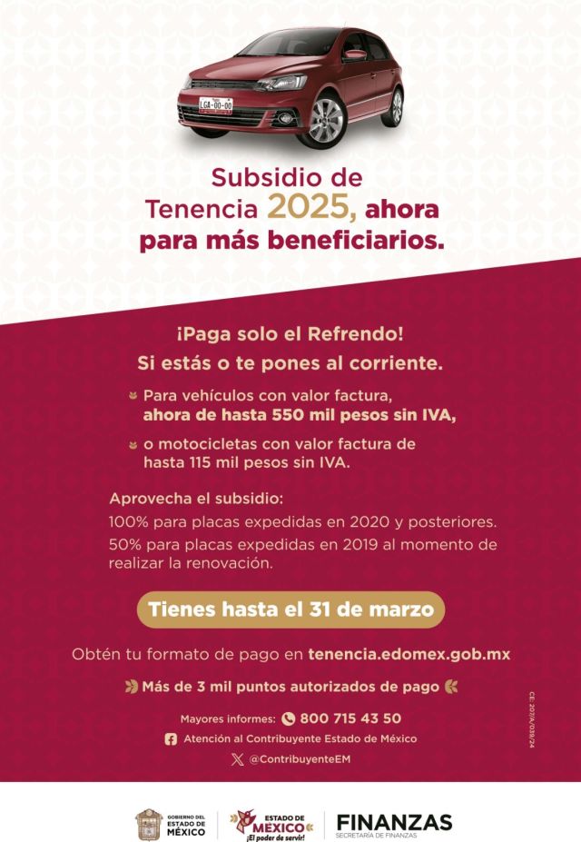 Refrendo 2025 en Edoméx tendra un costo de 917 pesos para autos y 677 pesos para motocicletas