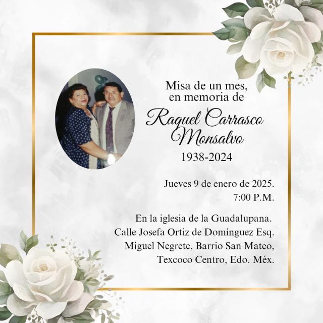 Misa de un mes en memoria de doña Raquel Carrasco Monsalvo